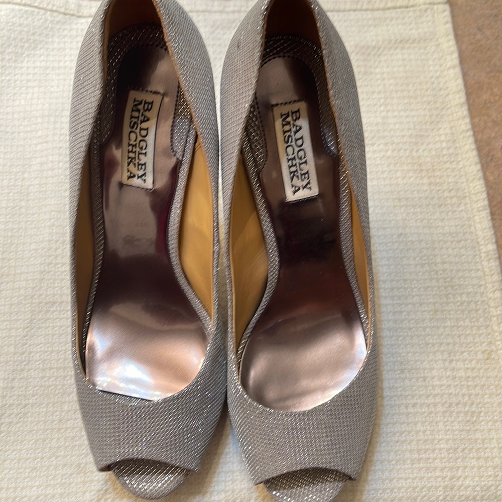 Badgley Mischka Heels Size Silver Sparkly Leather Inside Peep